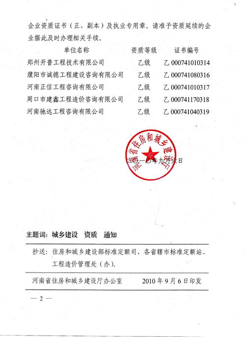 河南省住房和城乡建设厅关于批准郑州开普工程技术等6家乙级工程造价咨询企业资质延续的通知